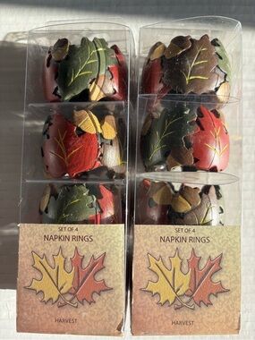 Harvest Fall Leaf Wood Napkin Rings  2 Sets of 4 (Multicolor) NIB